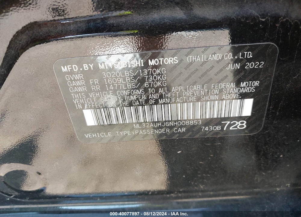 2022 MITSUBISHI MIRAGE ES/LE VIN: ML32AUHJ6NH008853