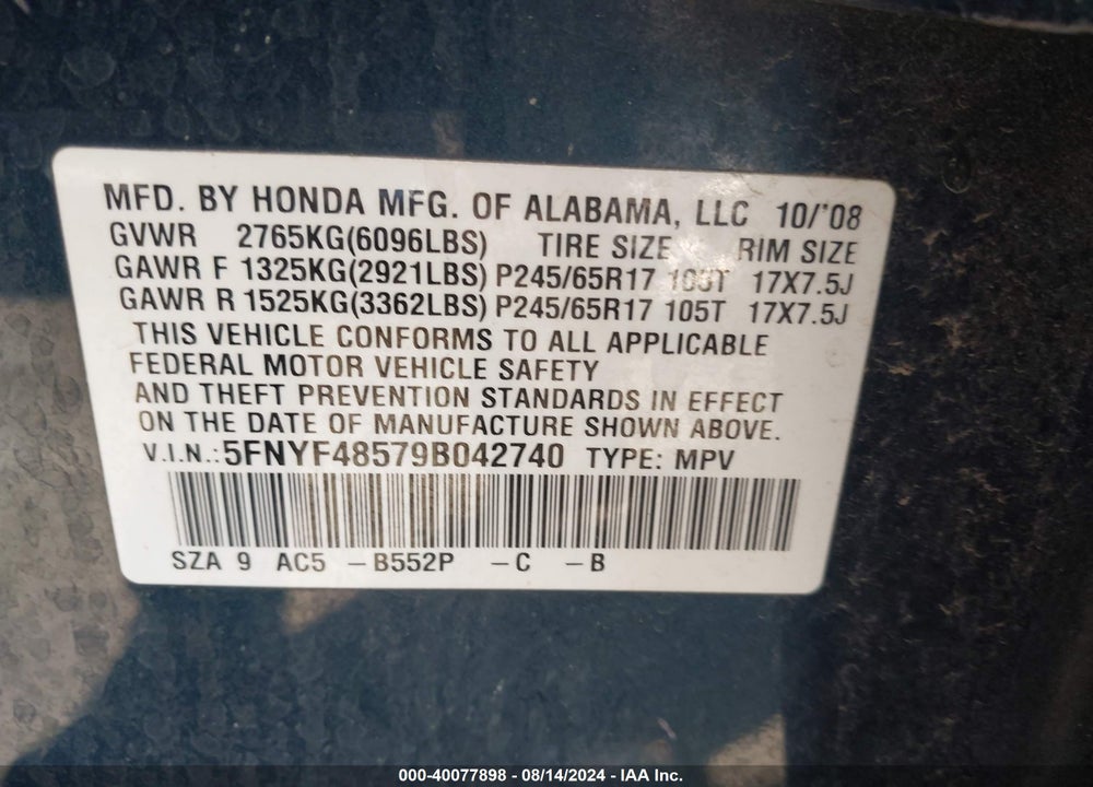 2009 HONDA PILOT EX-L VIN: 5FNYF48579B042740