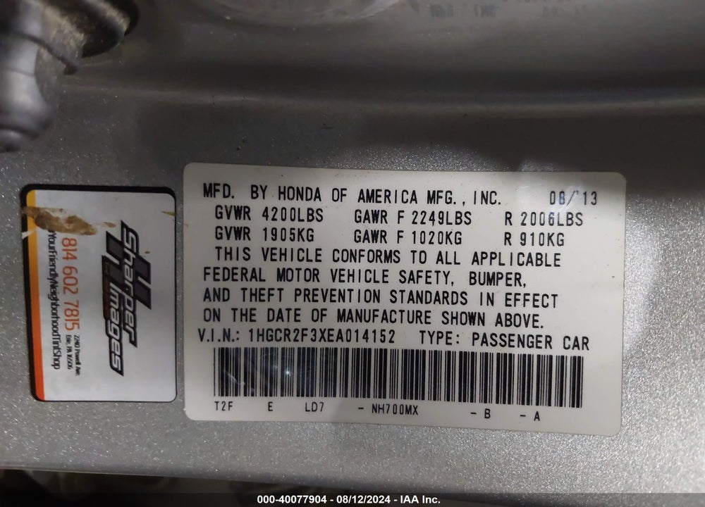 2014 HONDA ACCORD LX VIN: 1HGCR2F3XEA014152