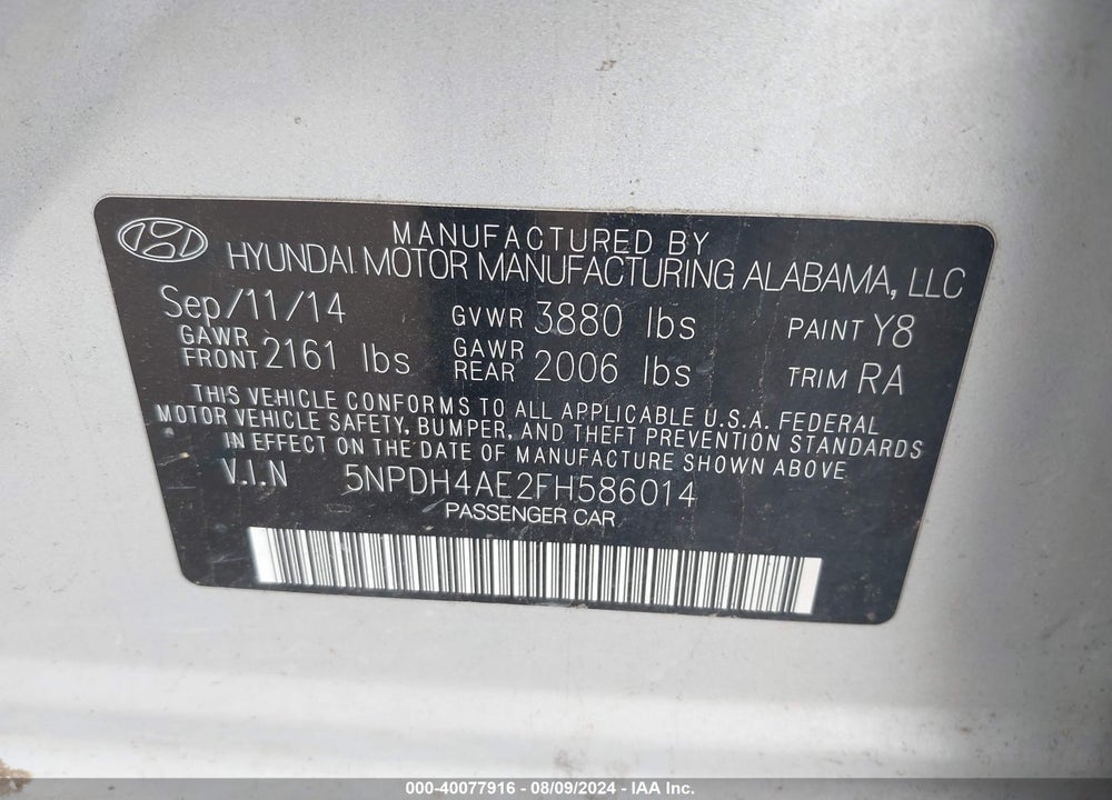 2015 HYUNDAI ELANTRA SE VIN: 5NPDH4AE2FH586014