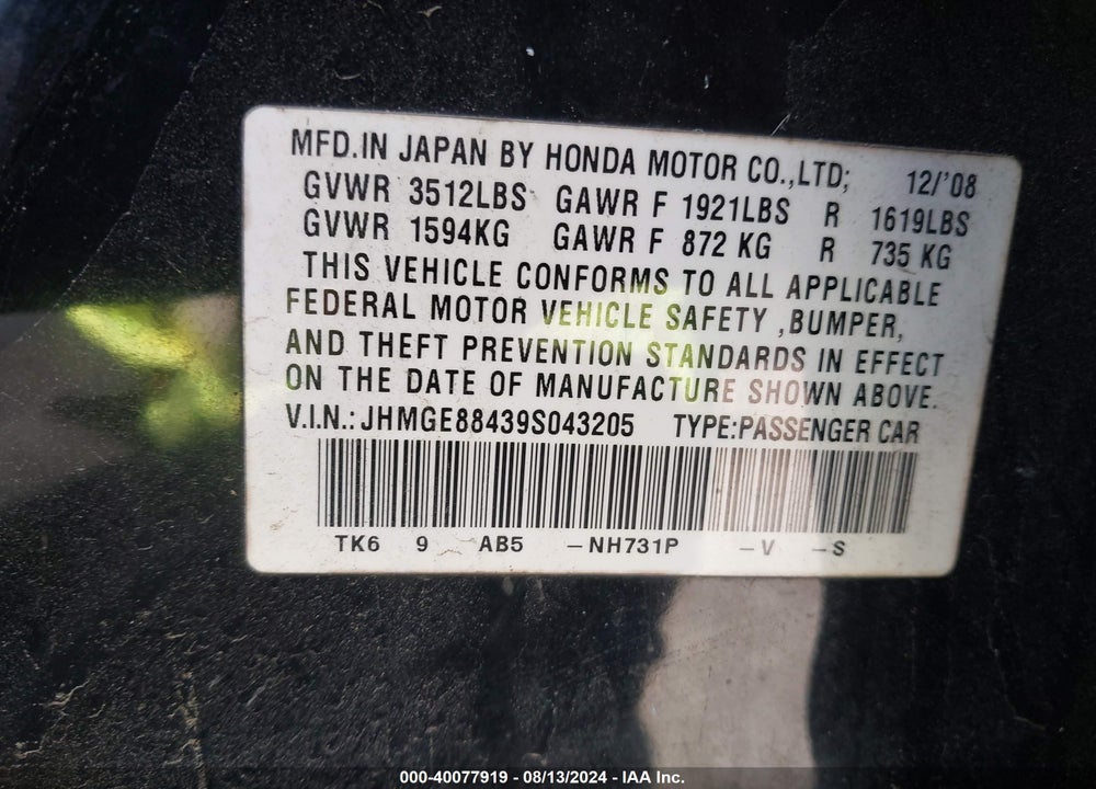 2009 HONDA FIT SPORT VIN: JHMGE88439S043205