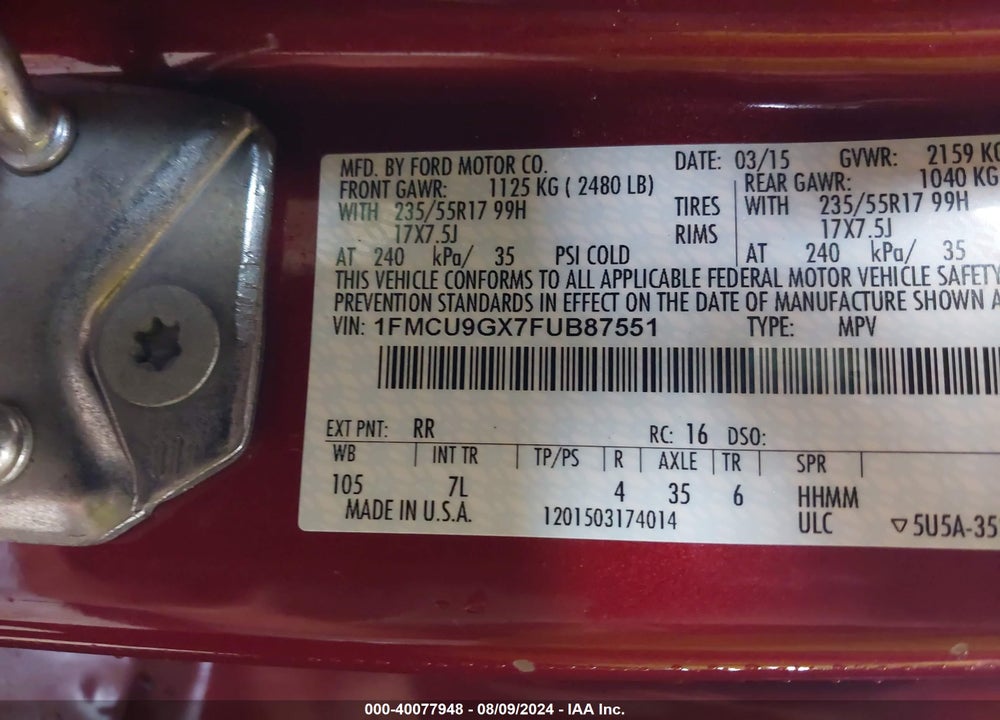 2015 FORD ESCAPE SE VIN: 1FMCU9GX7FUB87551