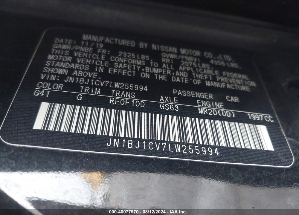 2020 NISSAN ROGUE SPORT S FWD XTRONIC CVT VIN: JN1BJ1CV7LW255994