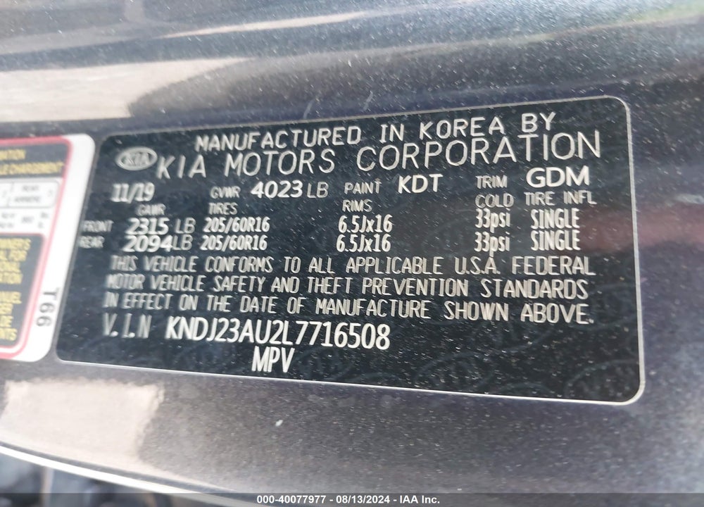 2020 KIA SOUL !/+/S VIN: KNDJ23AU2L7716508