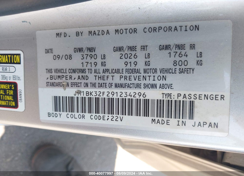 2009 MAZDA 3 I VIN: JM1BK32F291234296