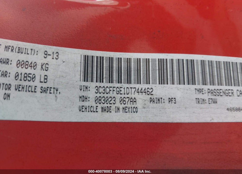 2013 FIAT 500E BATTERY ELECTRIC VIN: 3C3CFFGE1DT744462