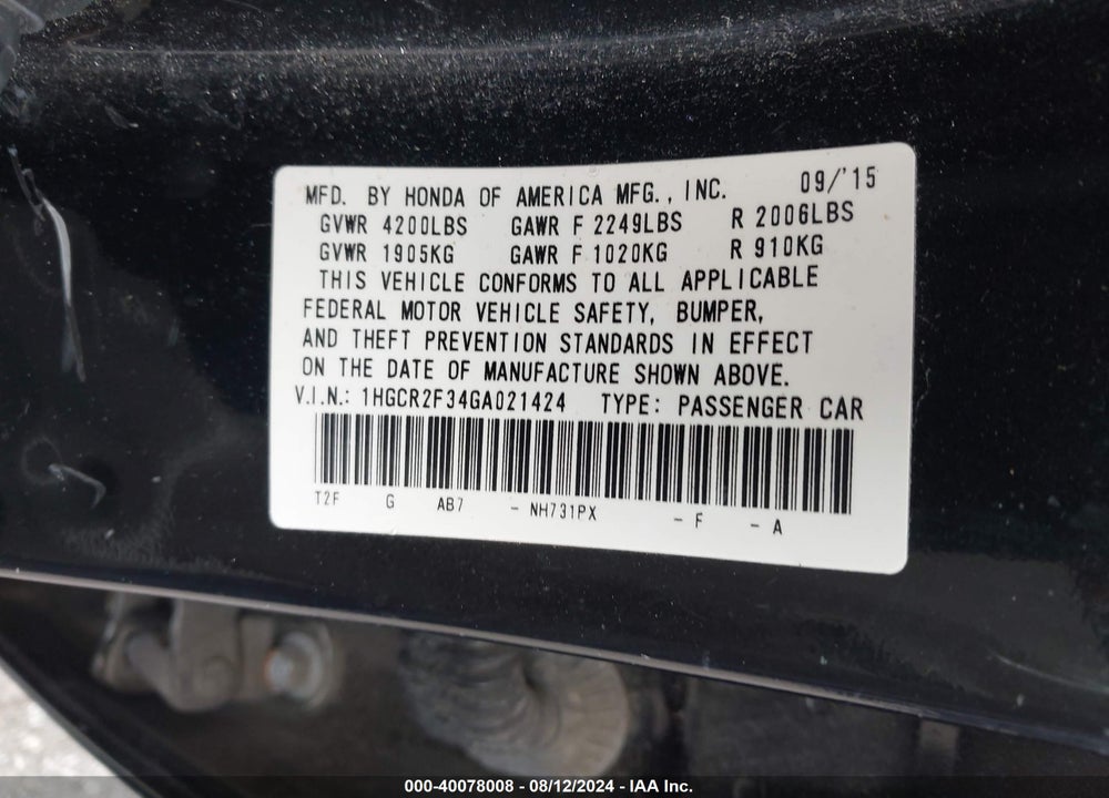 2016 HONDA ACCORD LX VIN: 1HGCR2F34GA021424