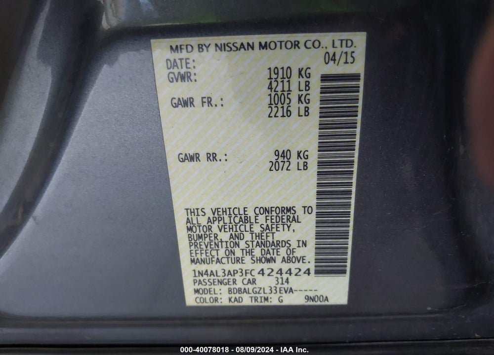 2015 NISSAN ALTIMA 2.5/2.5 S/2.5 SL/2.5 SV VIN: 1N4AL3AP3FC424424