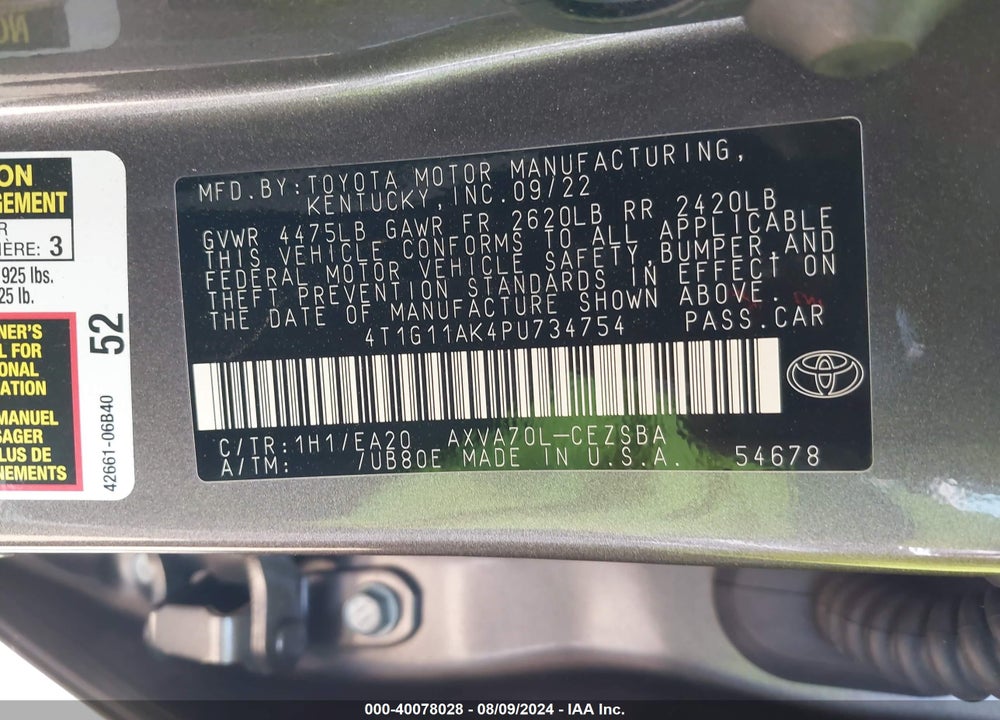 2023 TOYOTA CAMRY SE VIN: 4T1G11AK4PU734754