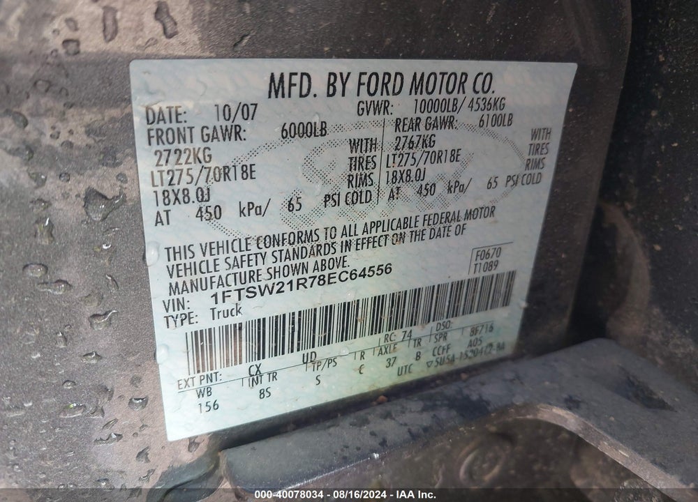 2008 FORD F-250 LARIAT VIN: 1FTSW21R78EC64556
