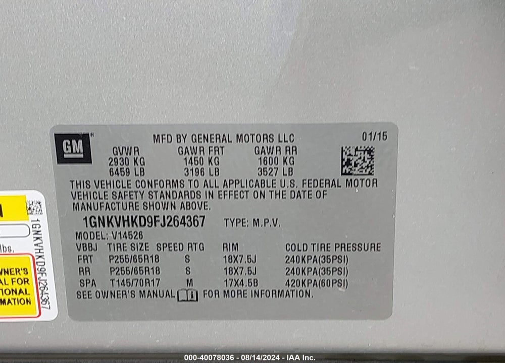 2015 CHEVROLET TRAVERSE 2LT VIN: 1GNKVHKD9FJ264367