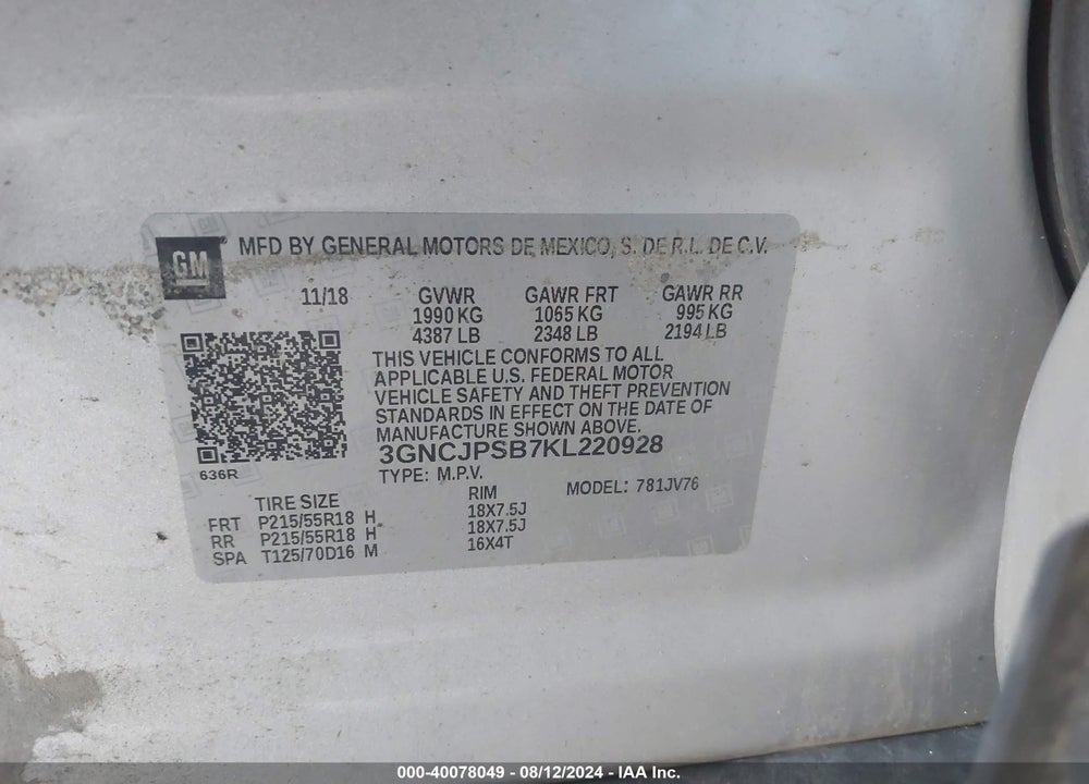 2019 CHEVROLET TRAX LT VIN: 3GNCJPSB7KL220928