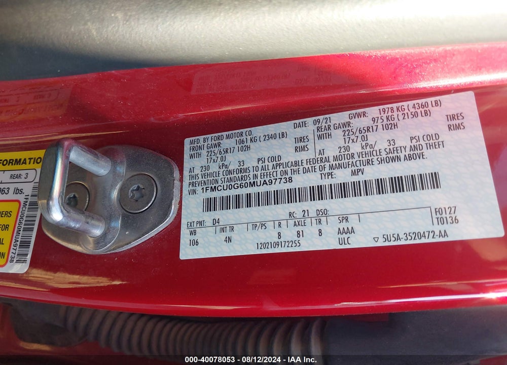 2021 FORD ESCAPE SE VIN: 1FMCU0G60MUA97738