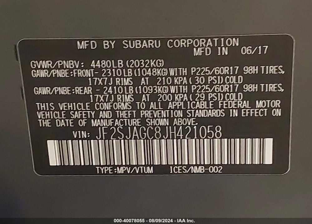 2018 SUBARU FORESTER 2.5I PREMIUM VIN: JF2SJAGC8JH421058