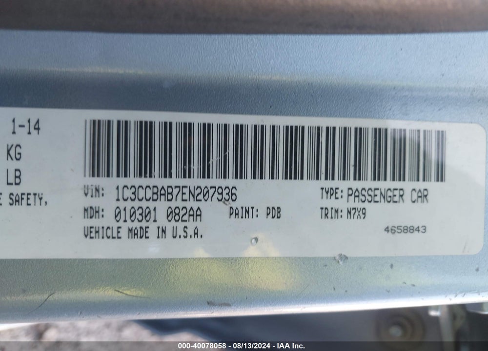 2014 CHRYSLER 200 LX VIN: 1C3CCBAB7EN207936