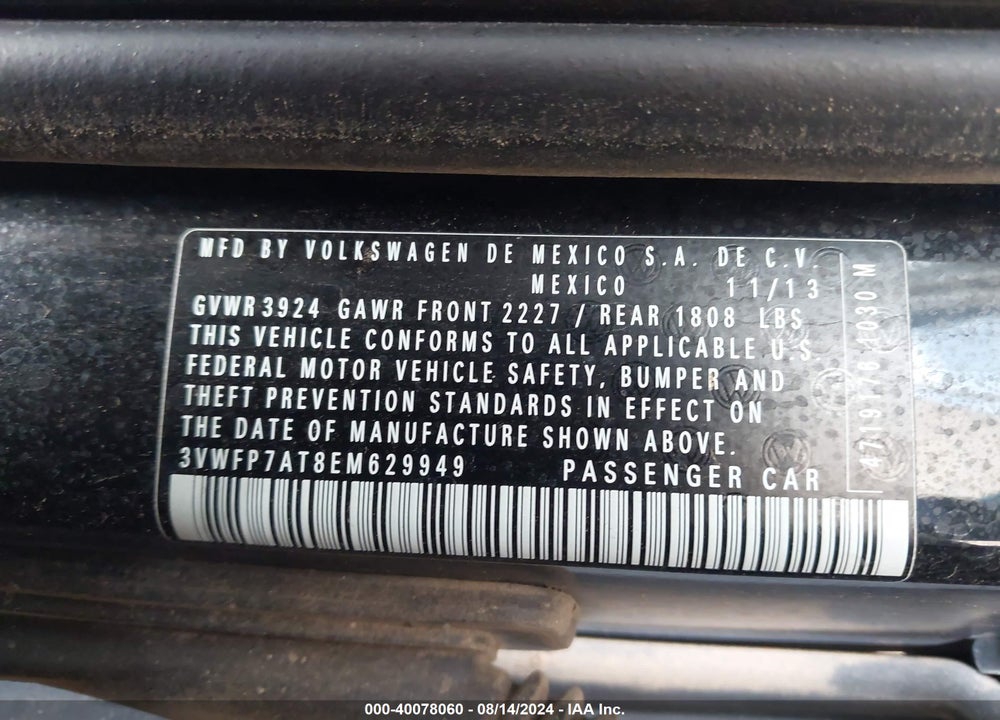 2014 VOLKSWAGEN BEETLE 2.5L ENTRY VIN: 3VWFP7AT8EM629949