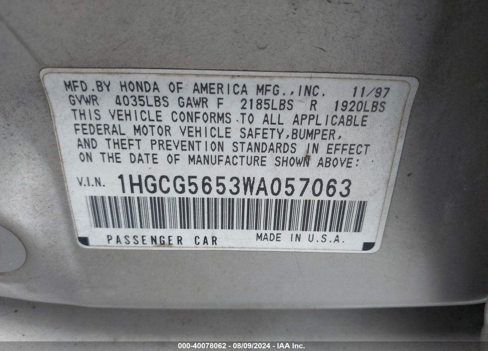 1998 HONDA ACCORD EX VIN: 1HGCG5653WA057063