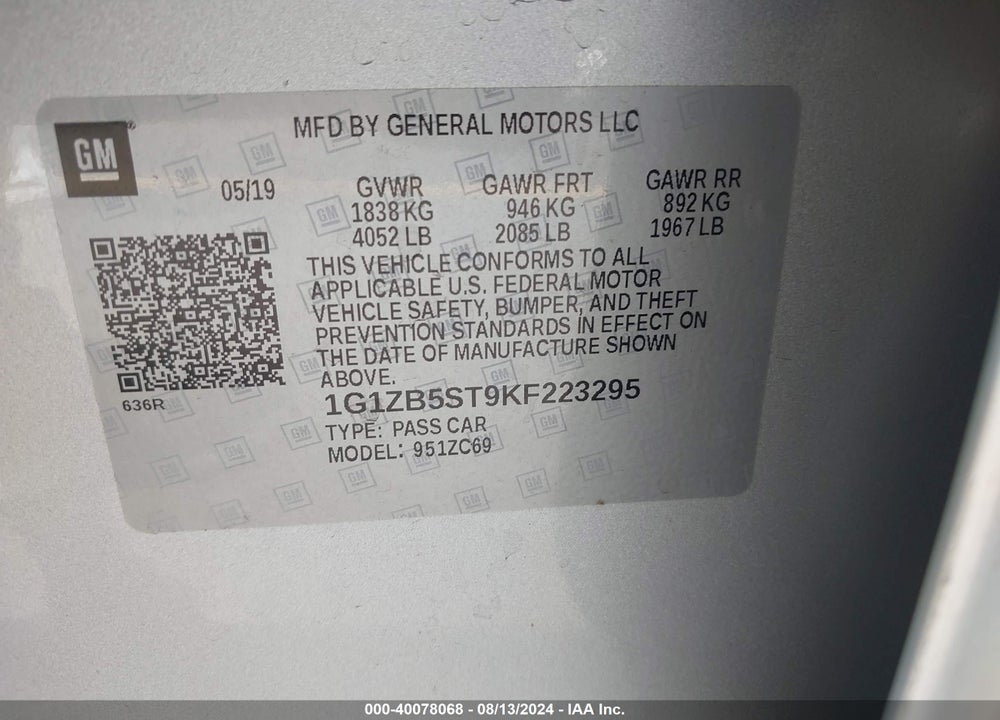 2019 CHEVROLET MALIBU 1LS VIN: 1G1ZB5ST9KF223295