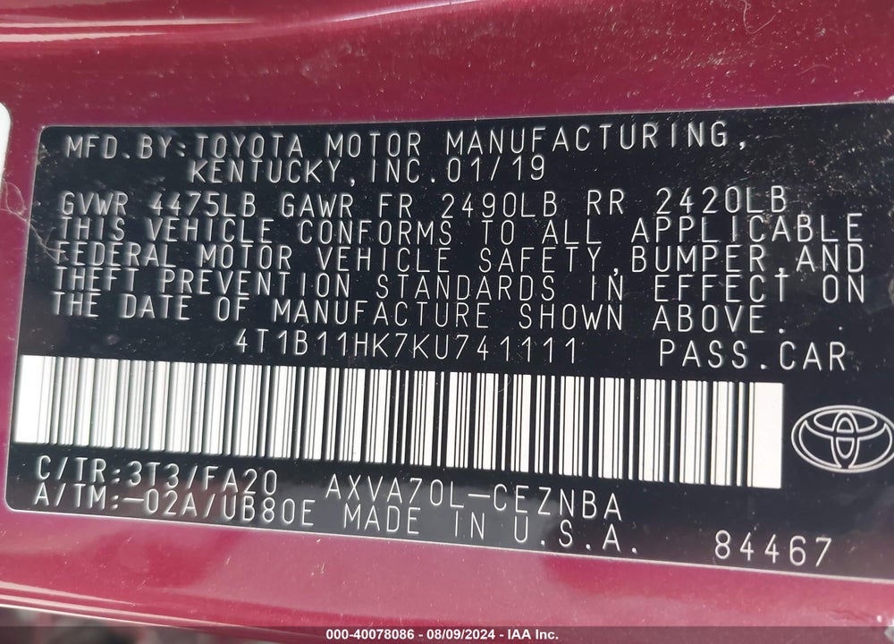 2019 TOYOTA CAMRY LE VIN: 4T1B11HK7KU741111