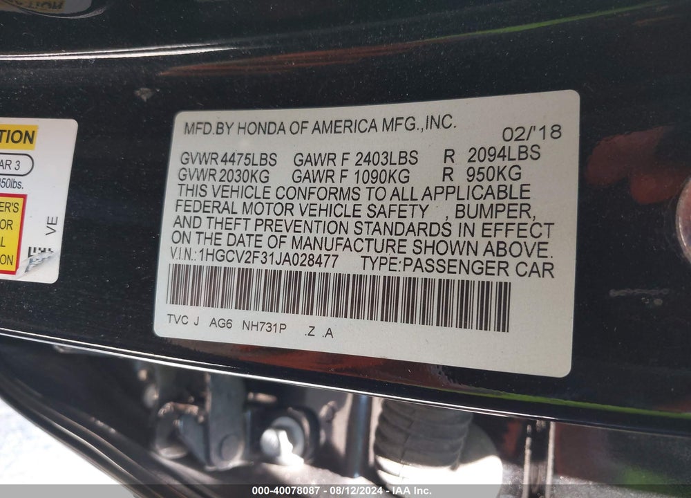 2018 HONDA ACCORD SPORT 2.0T VIN: 1HGCV2F31JA028477