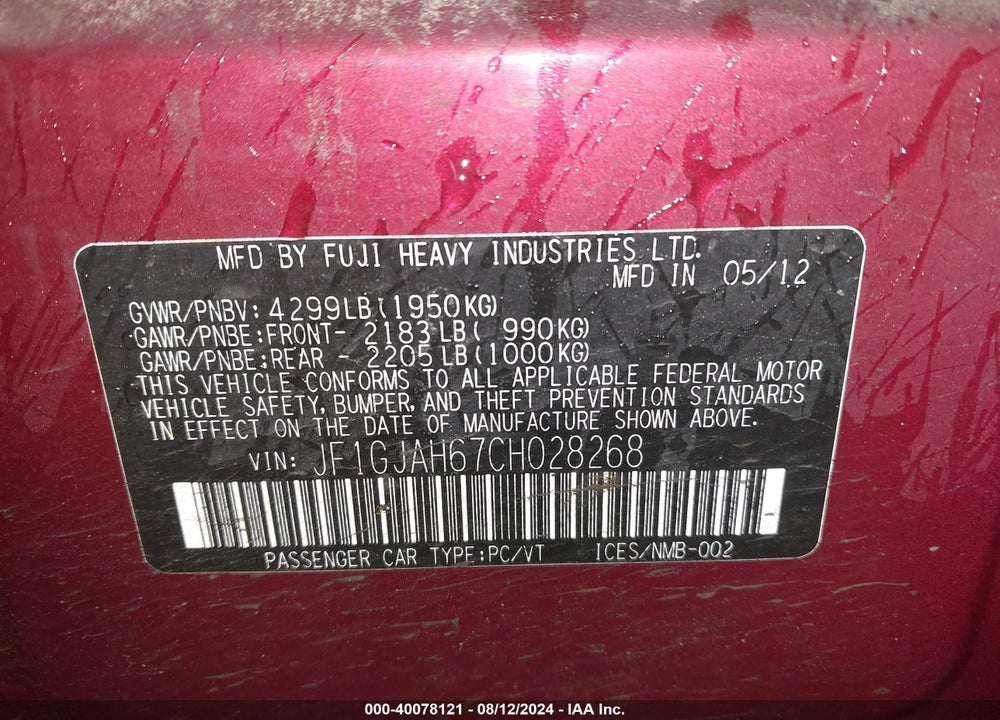 2012 SUBARU IMPREZA 2.0I LIMITED VIN: JF1GJAH67CH028268