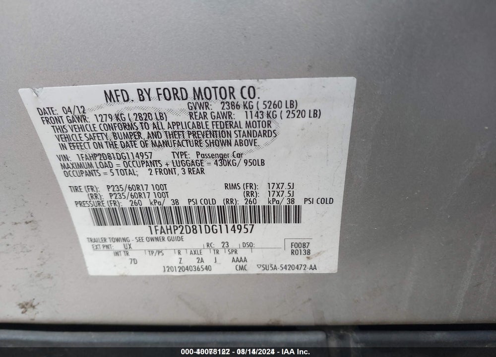 2013 FORD TAURUS VIN: 1FAHP2D81DG114957