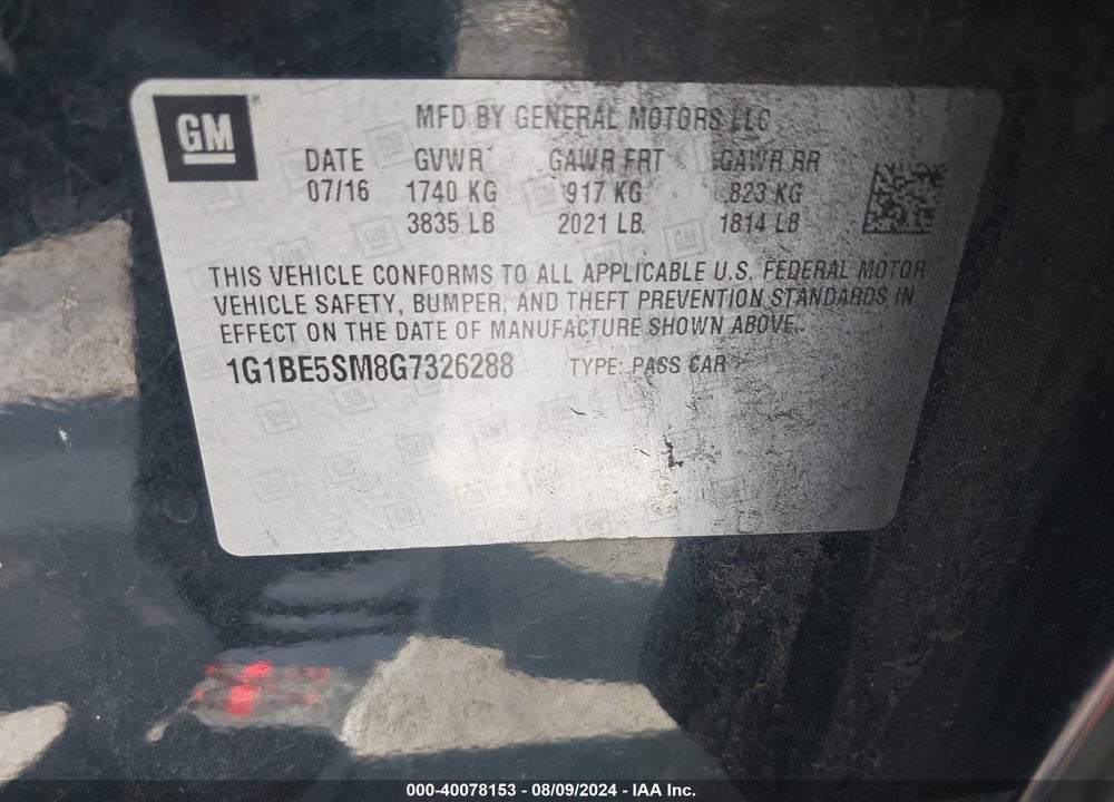 2016 CHEVROLET CRUZE LT AUTO VIN: 1G1BE5SM8G7326288