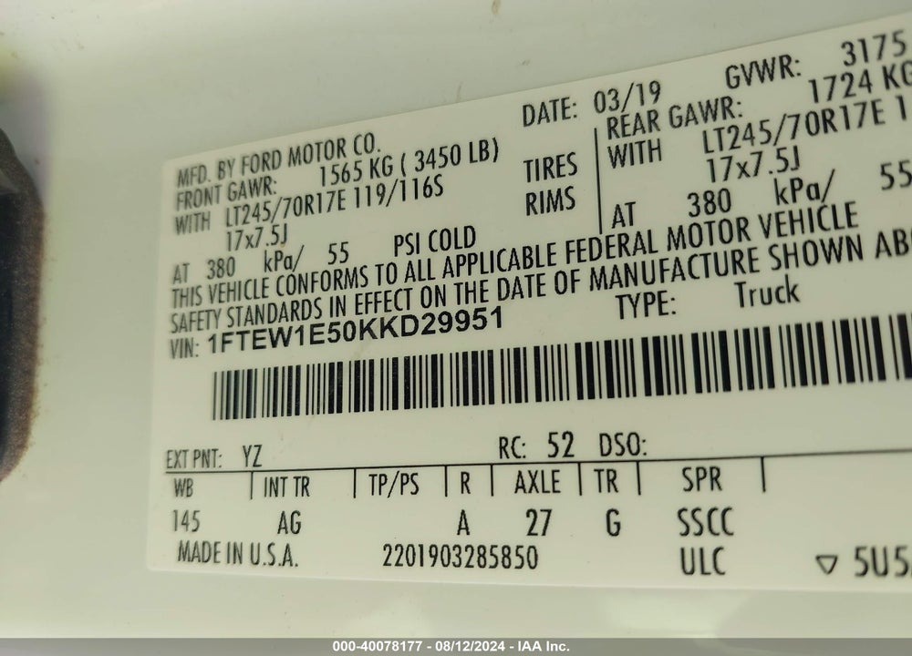 2019 FORD F-150 VIN: 1FTEW1E50KKD29951