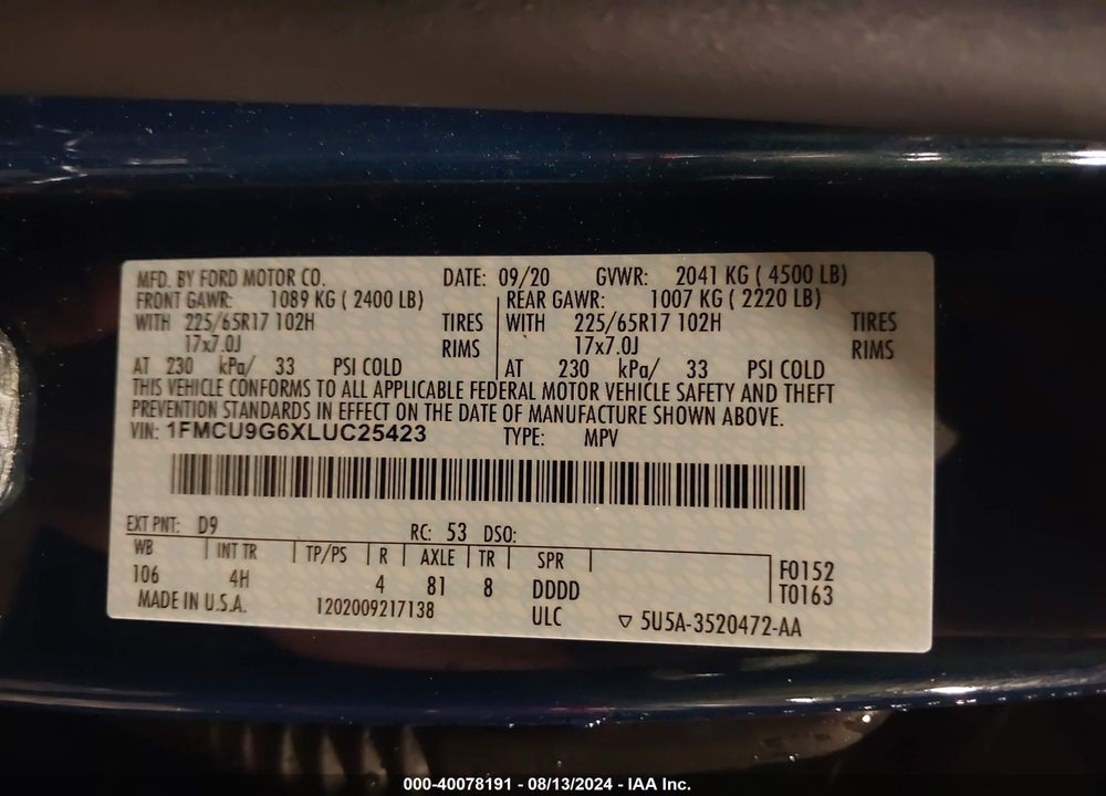 2020 FORD ESCAPE VIN: 1FMCU9G6XLUC25423