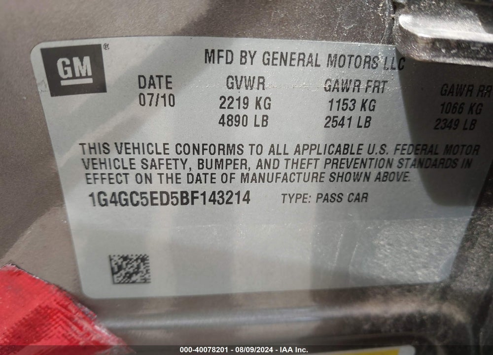 2011 BUICK LACROSSE VIN: 1G4GC5ED5BF143214