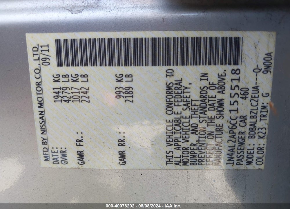 2012 NISSAN ALTIMA 2.5 S VIN: 1N4AL2AP6CC155518
