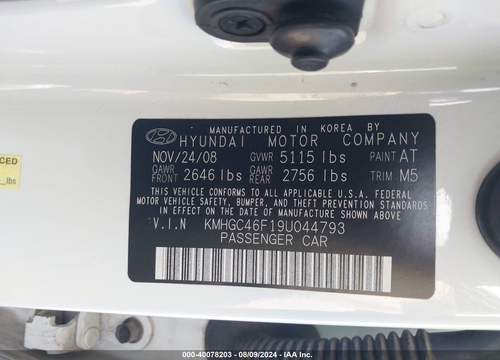 2009 HYUNDAI GENESIS 4.6 VIN: KMHGC46F19U044793