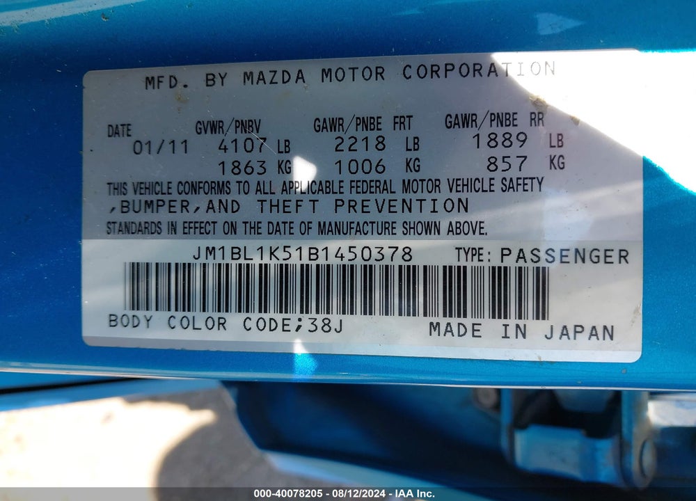 2011 MAZDA 3 S SPORT VIN: JM1BL1K51B1450378