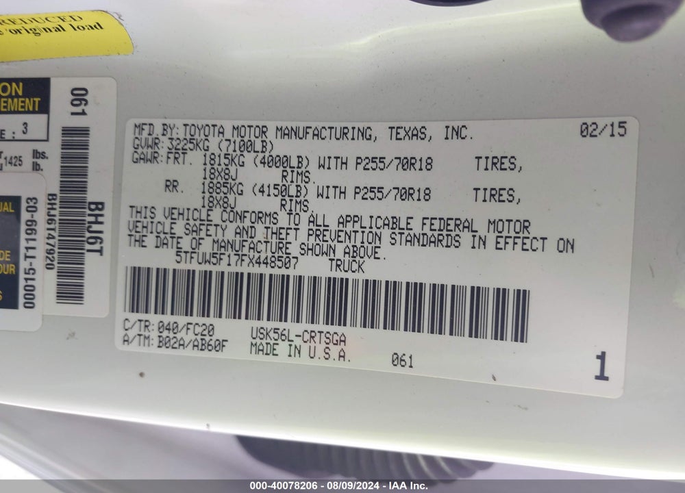 2015 TOYOTA TUNDRA SR5 5.7L V8 VIN: 5TFUW5F17FX448507