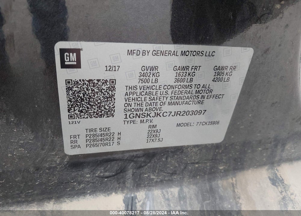 2018 CHEVROLET SUBURBAN PREMIER VIN: 1GNSKJKC7JR203097