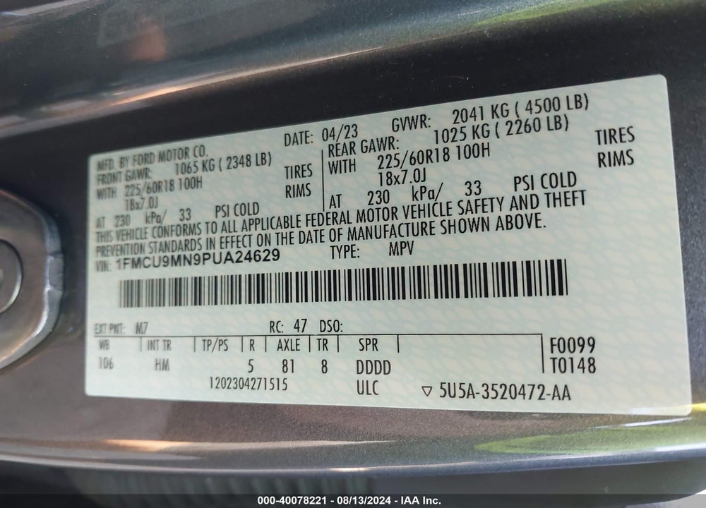 2023 FORD ESCAPE ST LINE VIN: 1FMCU9MN9PUA24629
