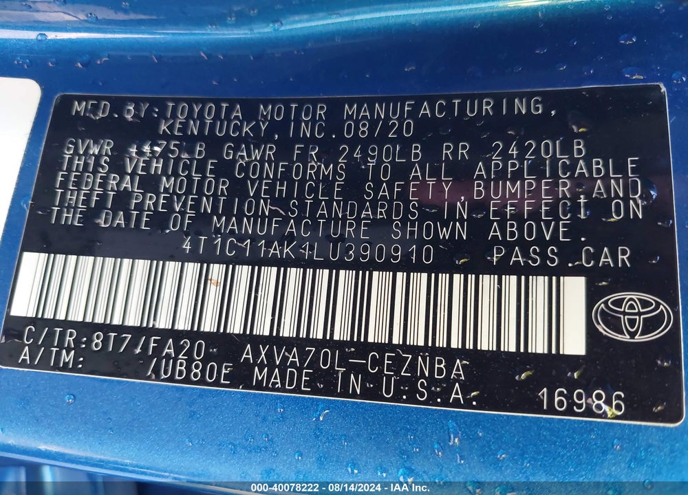 2020 TOYOTA CAMRY LE VIN: 4T1C11AK1LU390910