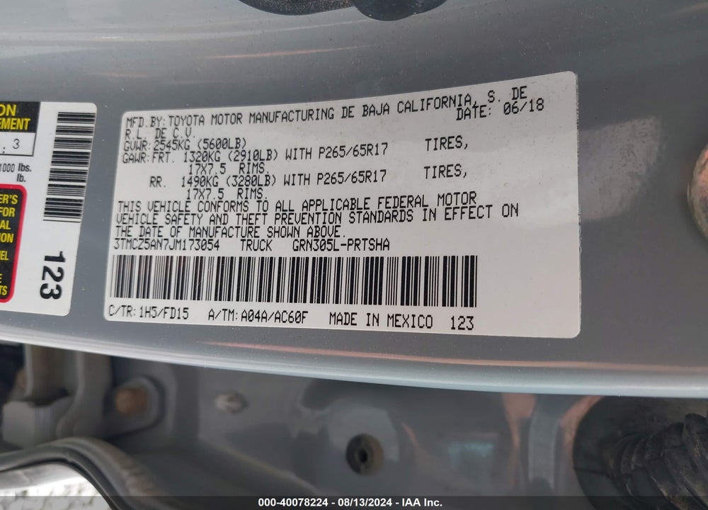 2018 TOYOTA TACOMA VIN: 3TMCZ5AN7JM173054