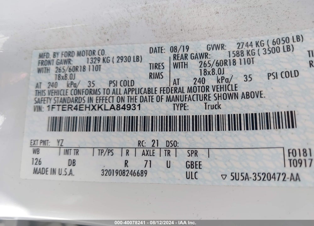 2019 FORD RANGER LARIAT VIN: 1FTER4EHXKLA84931