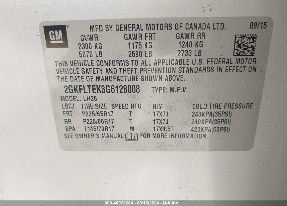 2016 GMC TERRAIN SLE-2 VIN: 2GKFLTEK3G6128008