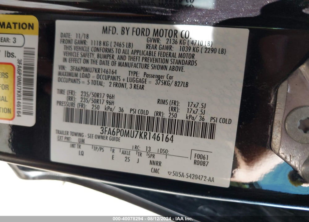 2019 FORD FUSION HYBRID SEL VIN: 3FA6P0MU7KR146164