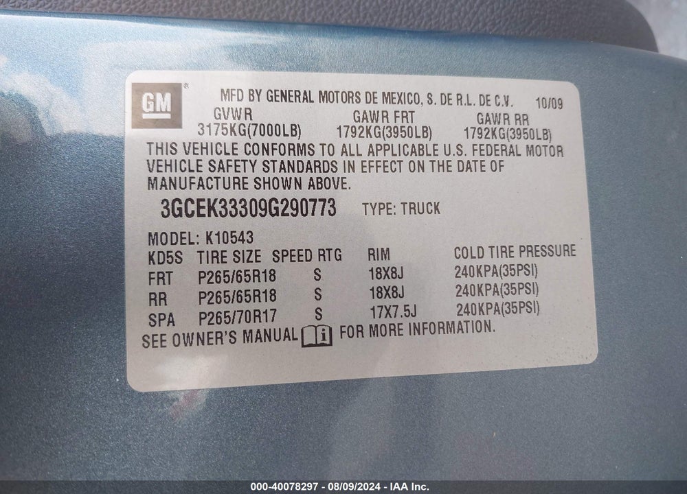 2009 CHEVROLET SILVERADO 1500 LTZ VIN: 3GCEK33309G290773