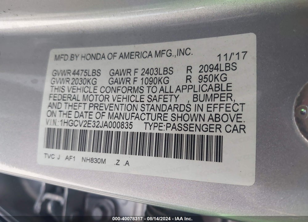 2018 HONDA ACCORD SPORT 2.0T VIN: 1HGCV2E32JA000835