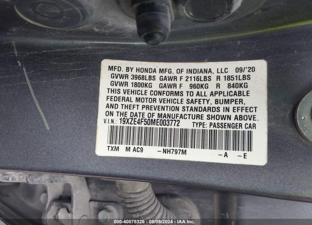 2021 HONDA INSIGHT EX VIN: 19XZE4F50ME003772