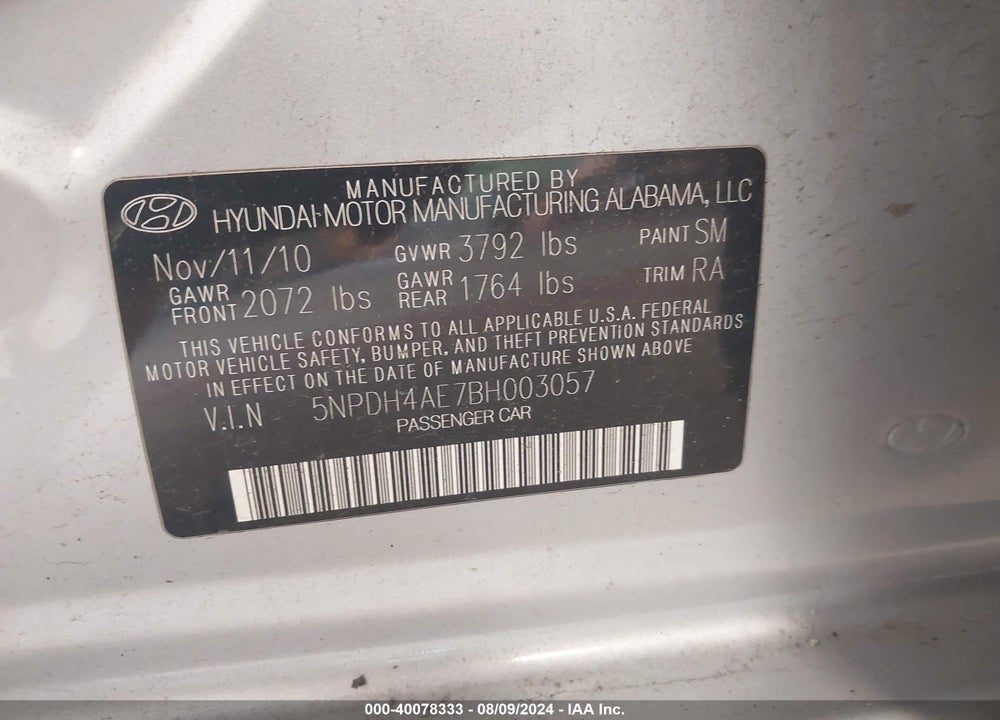2011 HYUNDAI ELANTRA LIMITED VIN: 5NPDH4AE7BH003057