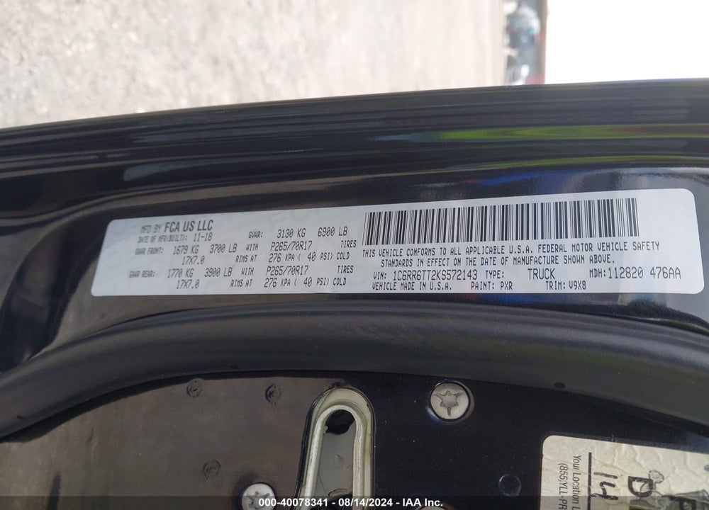 2019 RAM 1500 CLASSIC SLT 4X2 6'4 BOX VIN: 1C6RR6TT2KS572143