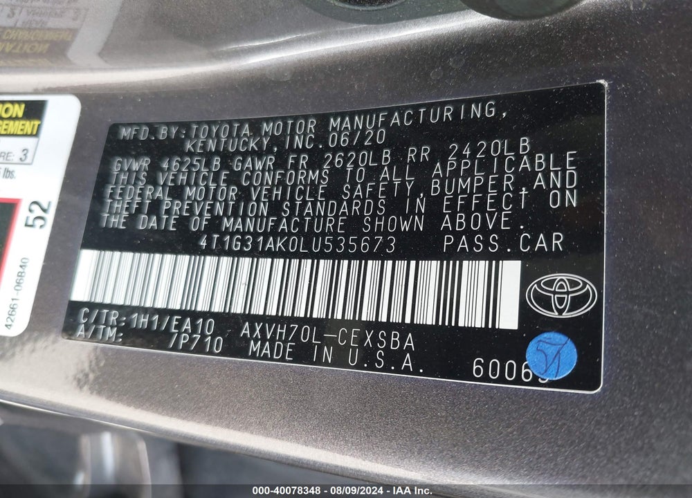 2020 TOYOTA CAMRY SE HYBRID VIN: 4T1G31AK0LU535673