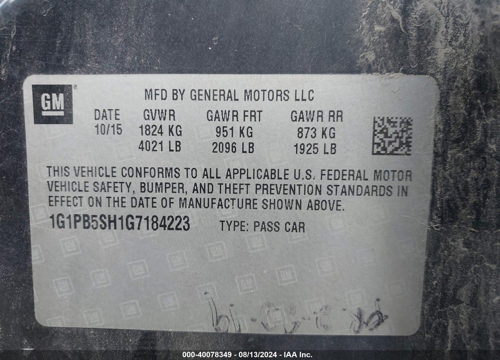 2016 CHEVROLET CRUZE LIMITED LS MANUAL VIN: 1G1PB5SH1G7184223