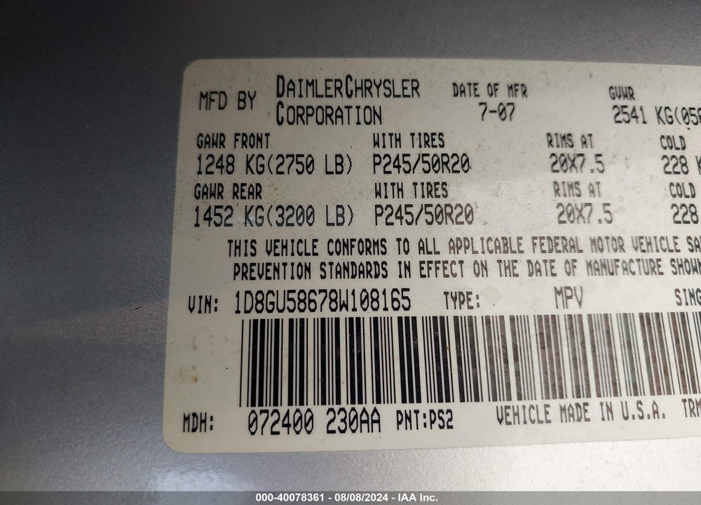 2008 DODGE NITRO SLT/RT VIN: 1D8GU58678W108165