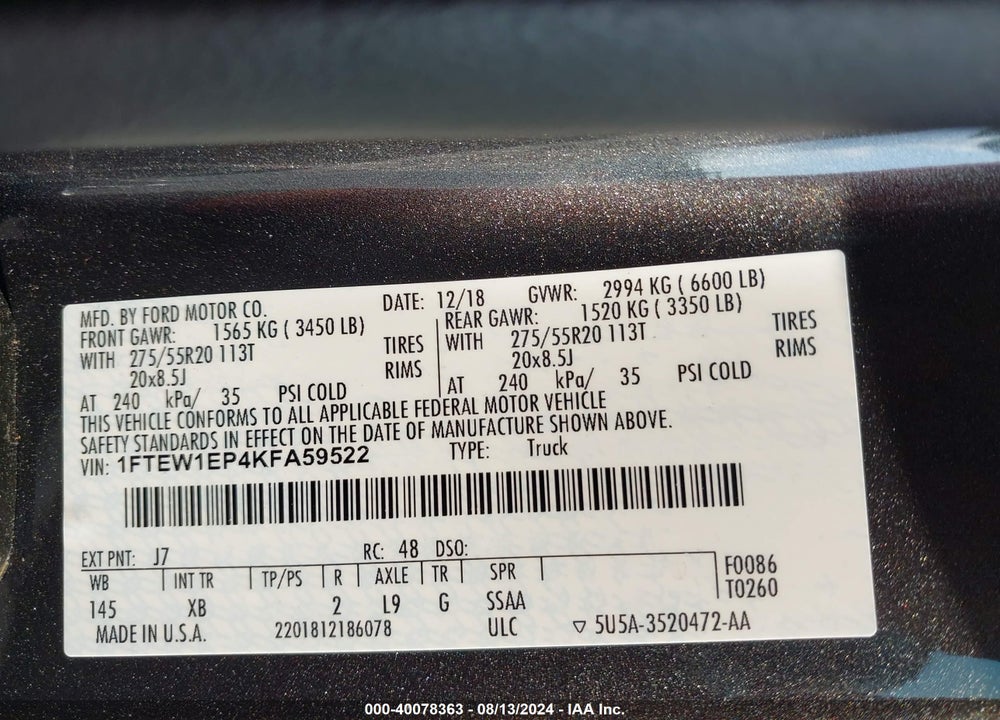 2019 FORD F-150 XLT VIN: 1FTEW1EP4KFA59522
